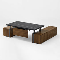 Eureka Ergonomic Zen Pro Executive Standing Desk With Black Sintered Stone Top and Wood Cabinets,Back View.