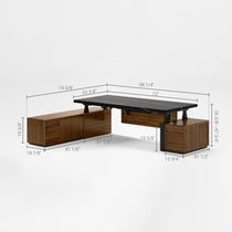 Zen Pro Executive Standing Desk With Dimension Details. Black Sintered Stone Top, Dark Wood Cabinets, and Adjustable Height.