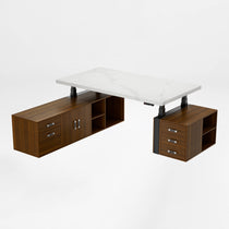 Eureka Ergonomic Zen Pro Executive Standing Desk With White Marble Top and Wood Cabinets.