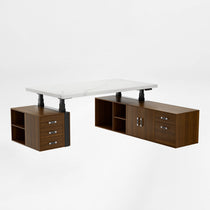 Eureka Ergonomic Zen Pro Executive Standing Desk - White Marble Top, Dark Wood Cabinets.