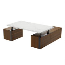 Eureka Ergonomic Zen Pro Executive Standing Desk With White Marble Top and Wood Cabinets, Modern Office Design.