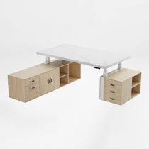 Eureka Ergonomic Zen Pro Executive Standing Desk With White Marble Top and Wood Cabinets,Front View.