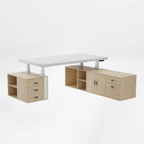 Eureka Ergonomic Zen Pro Executive Standing Desk With White Marble Top and Wood Cabinets.