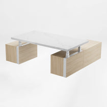 Eureka Ergonomic Zen Pro Executive Standing Desk With White Marble Top and Wooden Cabinets.