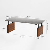 Zen Pro Executive Standing Desk, Gray Sintered Stone Desktop, Wood Accents, Adjustable Height With Dimensions.