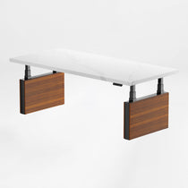 Eureka Ergonomic Zen Pro Executive Standing Desk With White Sintered Stone Desktop and Wood Accents.