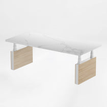 Eureka Ergonomic Zen Pro Executive Standing Desk With White Sintered Stone Desktop and Wood Accents.