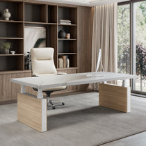 Zen Pro Executive Standing Desk With White Sintered Stone Desktop, Wood Accents and Modern Office Setup.