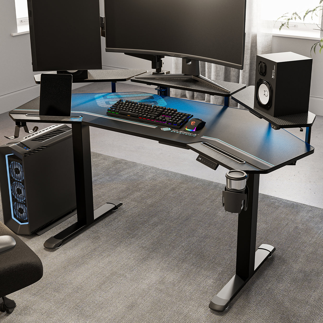 Eureka Ergonomic 63'' Wing Shaped Standing Desk with monitor shelves