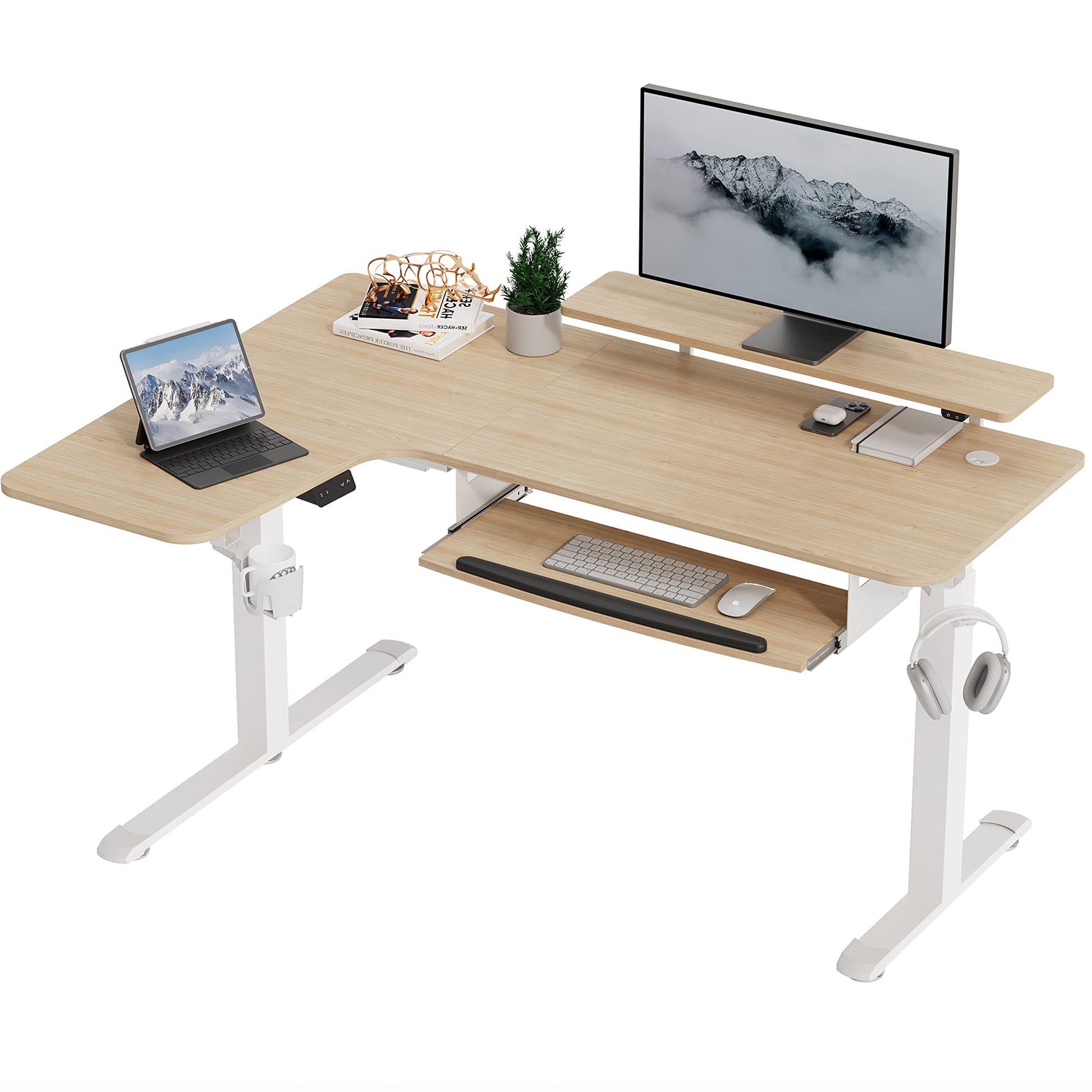 Eureka 60'' L shaped Standing Desk with Accessories set and Keyboard Tray, Oak-colored