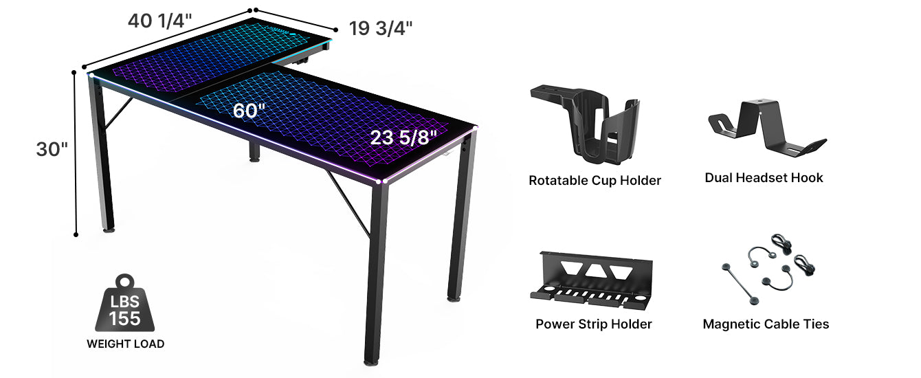 GTG-L60 Glass Gaming Desk, Black-colored, Right Sided, Eureka Ergonomic, Tempered Glass, RGB Gaming Desk, Product Dimensions