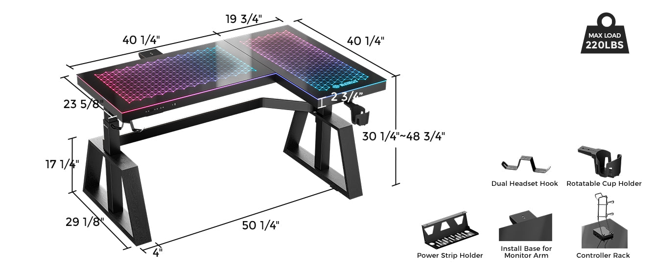 GTG-L60 PRO, L-Shaped Glass Desktop Gaming Standing Desk, Black-colored, Left Sided, RGB Light Up Gaming Desk, Glass Top, Product and Accessory Dimensions 
