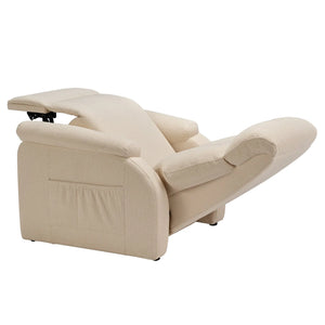Beige Zero Gravity Recliner Chair With Extended Footrest, Featuring Cotton-Linen Fabric for Ultimate Comfort.