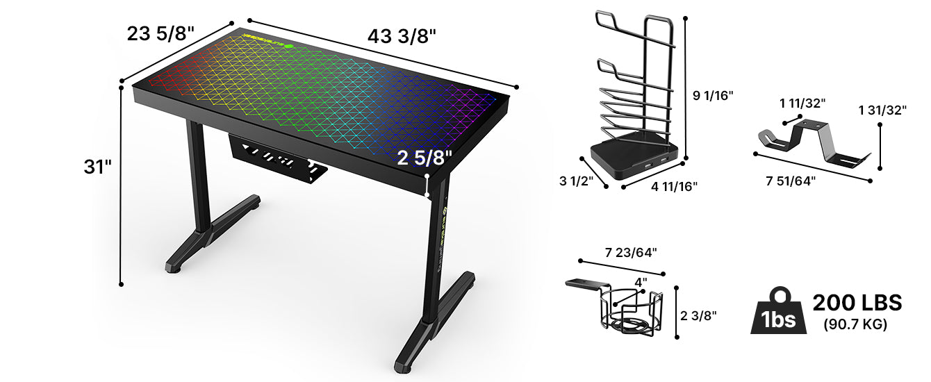 GTG-I43 43 inch Glass RGB Desktop Gaming Desk, Fixed Height Desk, with Accessory Set, Product dimensions