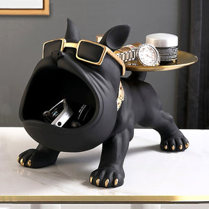 Black Bulldog Statue With Storage Tray. Decorative Storage Solution, Bulldog Statue With Gold Accents.