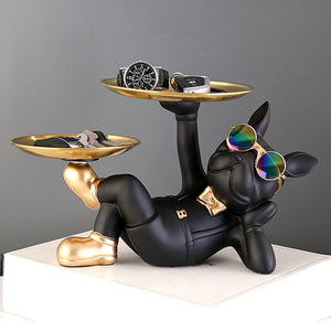 Bulldog Storage Ornament, Black and Gold Resin Dog Holding Tray With Watch and Keys, Decorative Item.