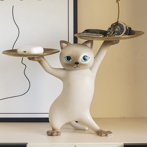 Enchanting Cat Storage Ornament, Beige Resin Cat With Gold Trays Holding Items, Cute and Practical Home Accessory.