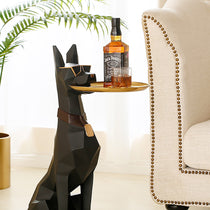 29''H Doberman Dog Side Table With Gold Tray Holding Jack Daniel's Whiskey, Modern Furniture.