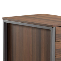 Walnut File Cabinet Corner Detail With Metal Frame, Office Storage Furniture.