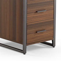 Walnut Four-Drawer File Cabinet With Dark Gray Metal Frame, Office Storage Furniture.