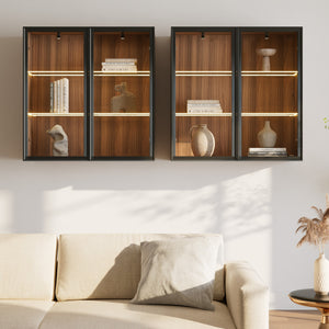 Wall Mounted Curio Cabinet With Glass Doors, Display Case With Wood Shelves, Books and Decor.