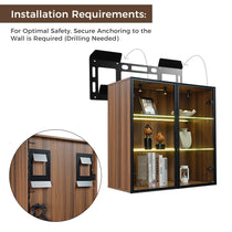 Wall-Mounted Curio Cabinet, Dark Wood Finish, Glass Doors, Required Wall Anchoring for Safety.