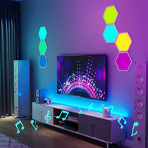 Lucet Art Lighting: Hexagon Led Panels and Music Visualizer in a Modern Living Room.