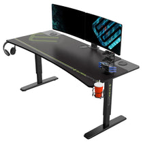 Eureka Ergonomic Manual Height Adjustable Gaming Desk With Accessories and Dual Monitors, Black.
