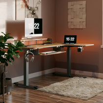 L-Shaped Standing Desk With Maple Top, Monitor, Keyboard, and Accessories, Ergonomic Workspace, Time 15: 22.