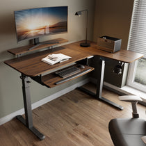 Eureka Ergonomic L-Shaped Standing Desk, Walnut Finish, Ergonomic Workspace Setup.