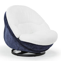 Gloria Swivel Lounge Chair, White Faux Fur Seat and Blue Chenille Backrest.