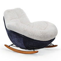 Chloe Comfy Rocking Lounge Chair in Off White and Navy With Wooden Rocking Base.
