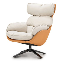 Todd Swivel Armchair With High Back, Cream Upholstery, and Orange Woven Side Detail.