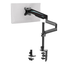 Eureka Ergonomic Single Monitor Arm in Black, Holding a White Monitor, Desk Clamp Included.