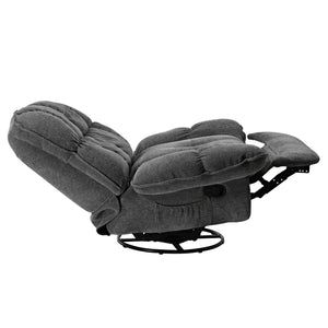 Grayson Manual Recliner Chair in Gray Chenille, Reclined for Comfort. Features Swivel Base and Storage Compartment.