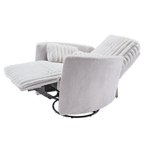 Lucia Swivel Rocking Recliner in Light Grey Fabric, Reclined. Ergonomic Chair for Living Room.