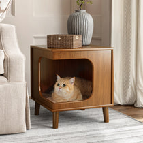 Wooden Cat Bed Side Table With a Cat Inside, a Perfect Furniture for Cat Lovers.