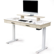 Eureka Ergonomic George Slate Standing Desk, With White Marble Top, Dual Drawers, and Monitor Setup.