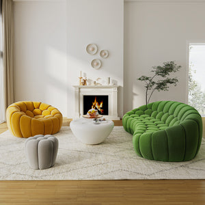 Luca Sofa and Ottoman in a Living Room Setting. Featuring Unique Floral Design and Linen Blend Fabric.