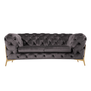 Beverly Loveseat Sofa in Gray Velvet With Rose Gold Legs, Luxury Modern Design.