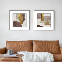 Set of 2 Abstract Framed Wall Art With Gold and Brown Accents, Perfect for Living Room Decor.