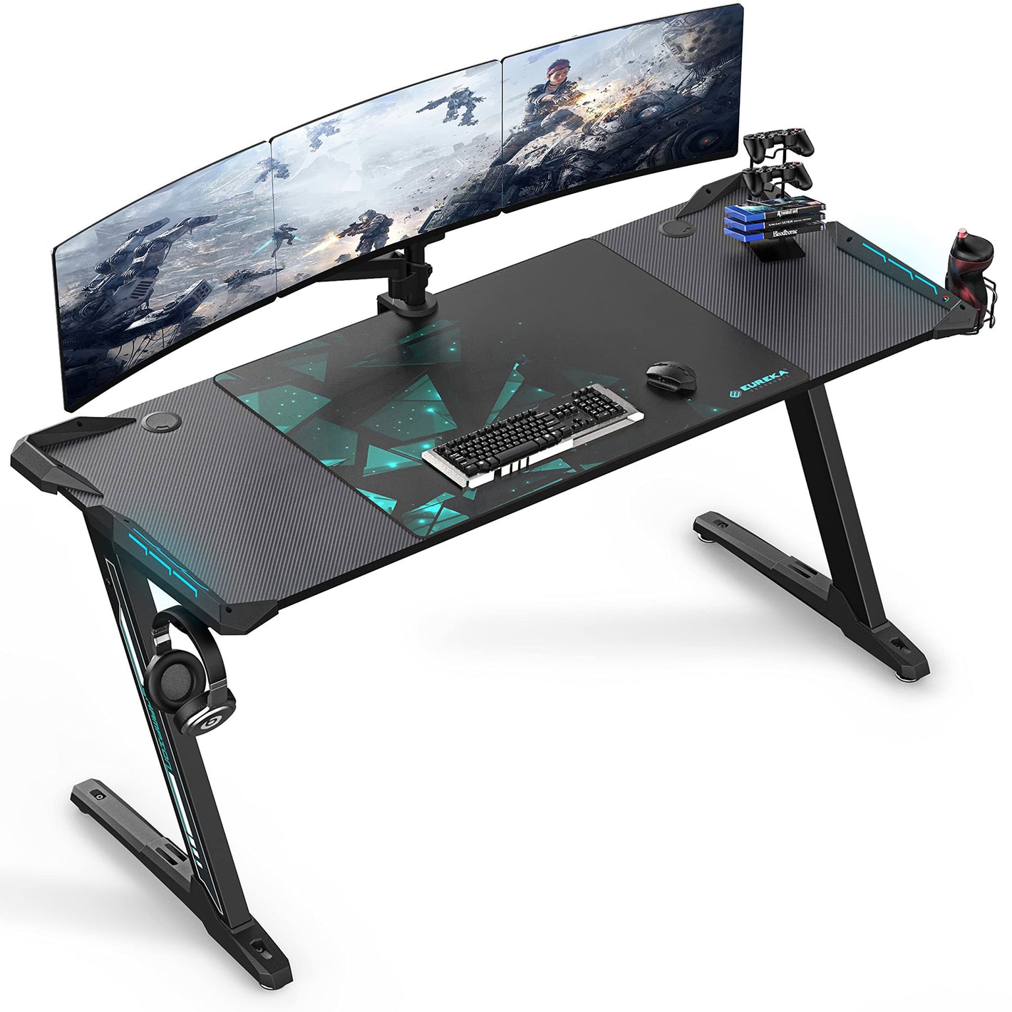60" Z-shaped Black Gaming Desk, Black-colored