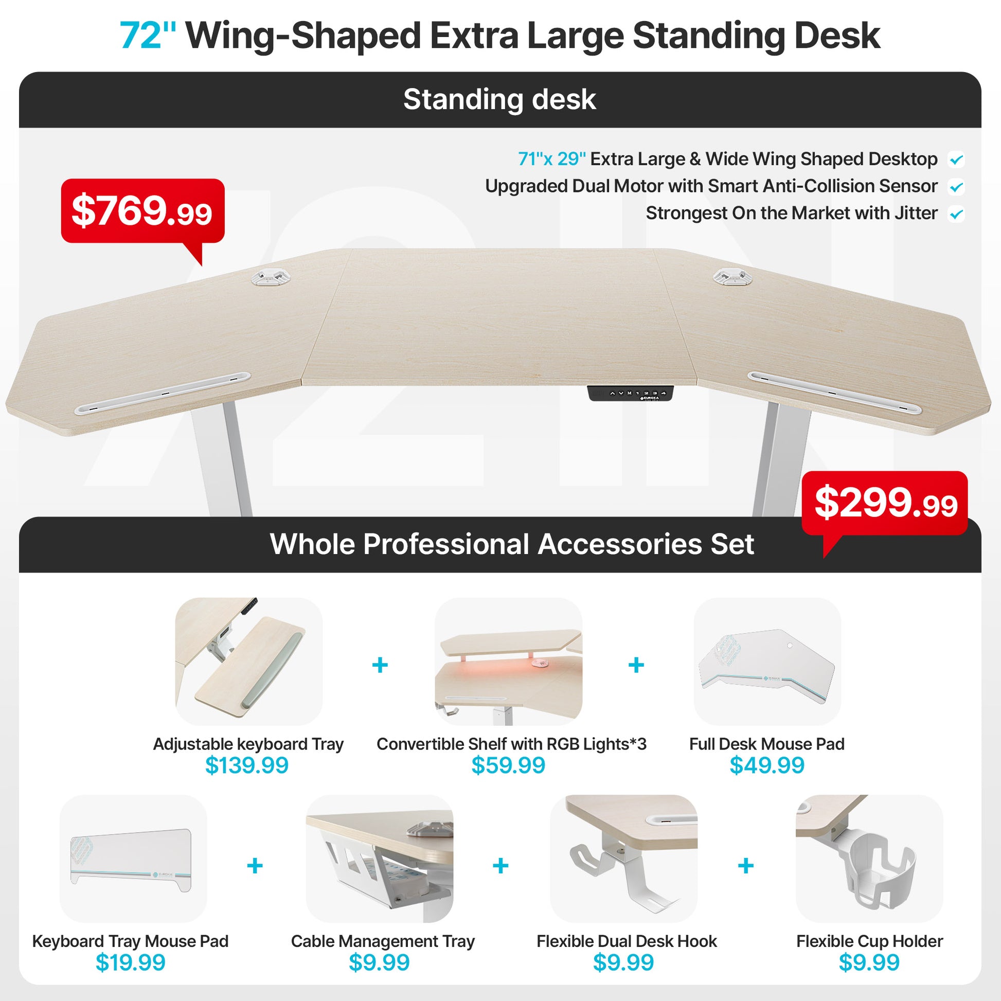 Aero 72, Modern Wing Shaped Standing Desk, Maple White