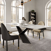Evelyn Extendable Dining Table With White Sintered Stone Surface and Modern Black X-Shaped Legs, Seating Up to 8 Guests.