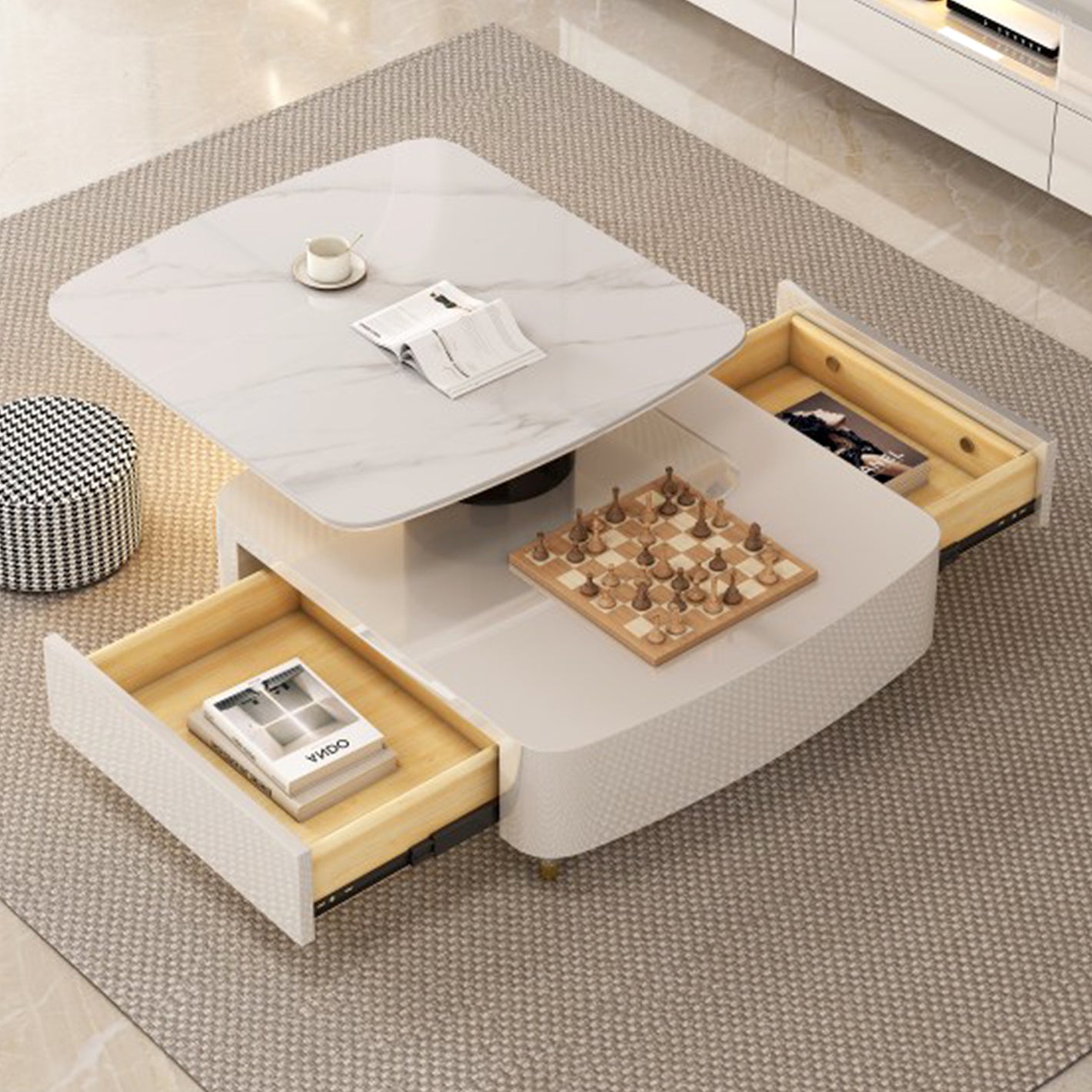 Eureka Ergonomic 35" Creamy White Rotating Coffee Table With Drawers, White