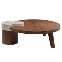 41 Irregular Round Solid Wood Walnut Coffee Table With Marble Accents.