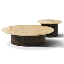 Birch Wood Veneer Coffee Table Set of 2. Modern Design With Light Wood Top and Dark Metal Base. Ideal for Living Spaces.