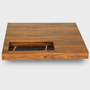 47 Square Solid-Wood Coffee Table With Sunken Desktop, Minimalist Design, Brown Wood Grain.