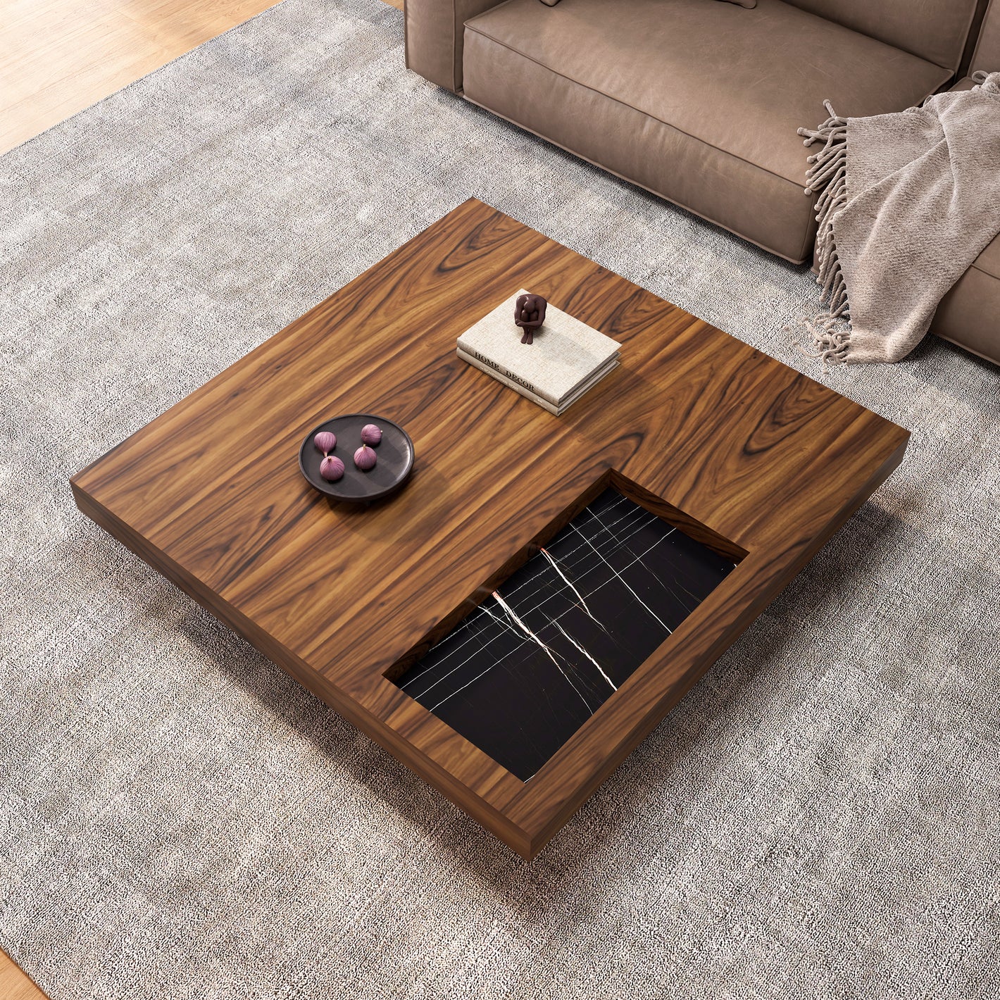 Eureka Ergonomic 47" Square Solid-Wood Coffee Table with Sunken Small Desktop, Walnut