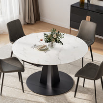 Amelia Round Extending Dining Table, White Granite Top, Black Base, Grey Chairs, Ideal for Dining.